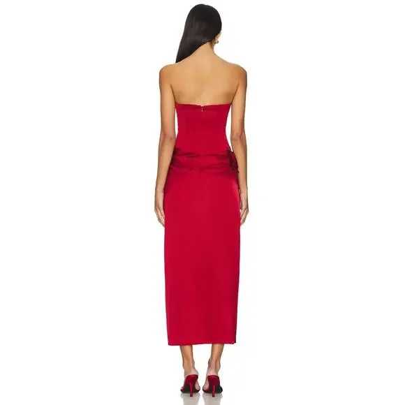 LPA Ilaria Corset Midi Dress Strapless Rosette Formal Party Elegant Red Size S